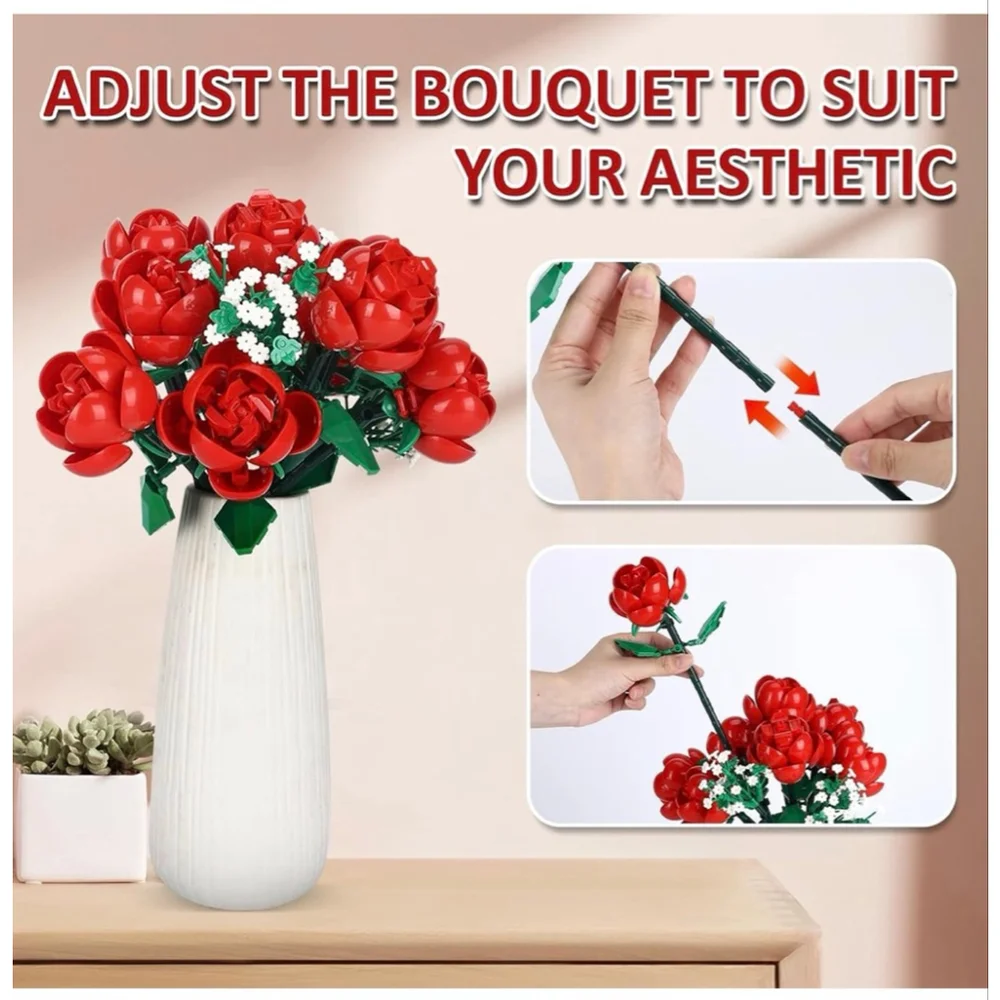 NEW Dexblocks Red & White Faux Floral Rose Bouquet Building Blocks One Size